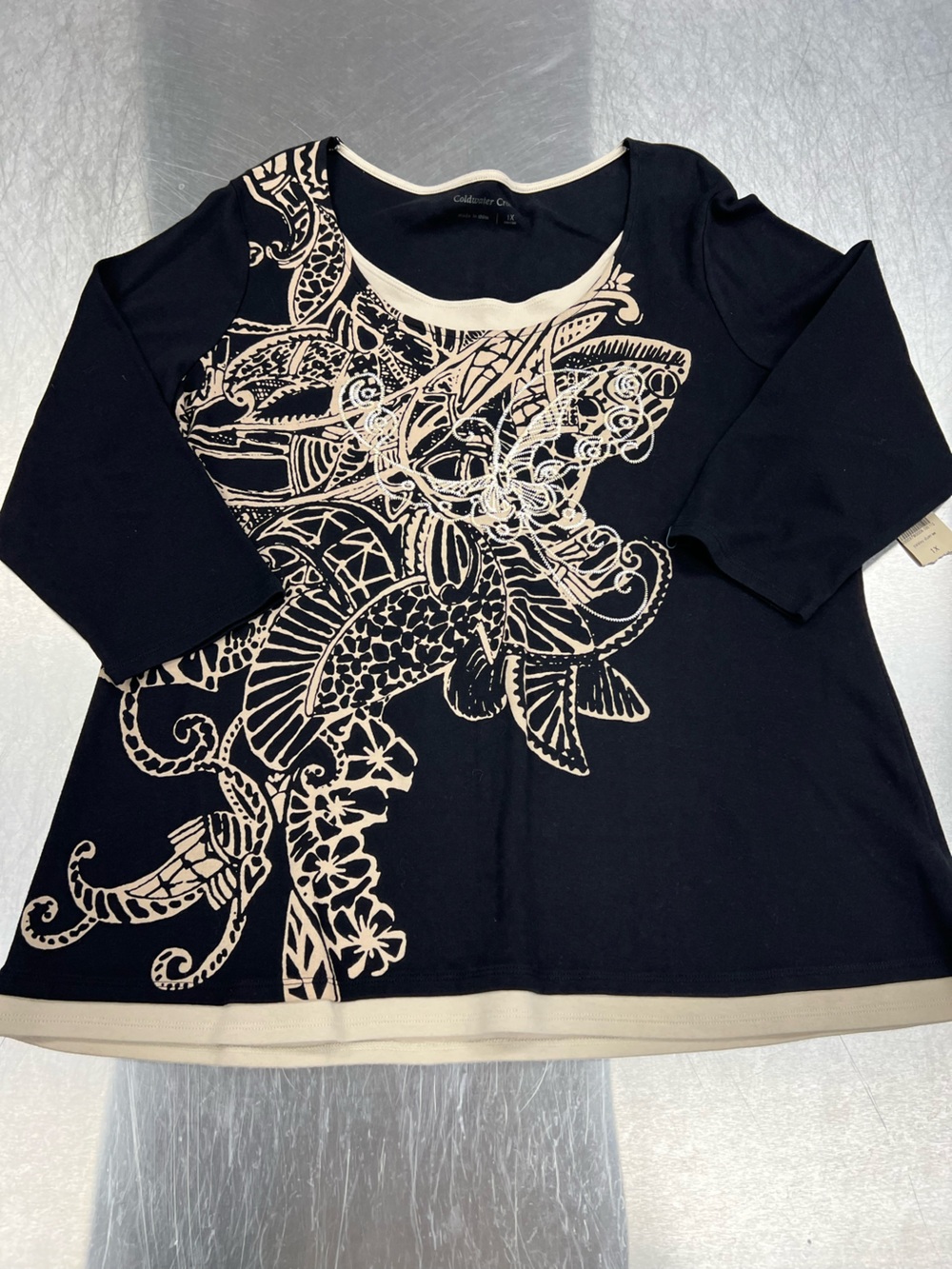 Coldwater Creek Black 3/4 Sleeve Tee with Cream Floral Fish Graphic Women’s 1X